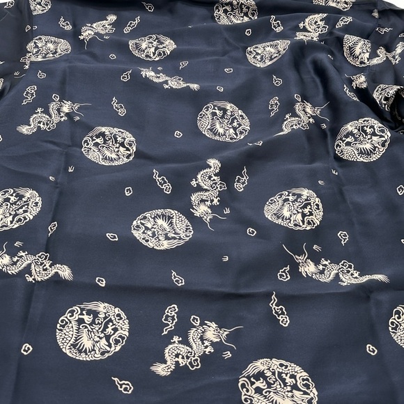 100% Silk Mens Blue Silver Polo Dragon Satin Button Front Shirt, 46” chest XXL - Picture 6 of 8